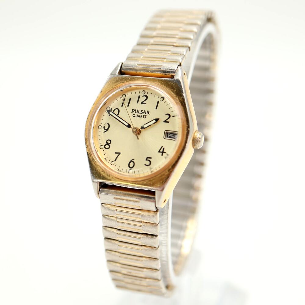 Vintage Pulsar by Seiko Gold Tone 24mm Womens Watch Date V827-0430 w New Battery